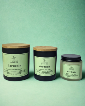 Motia scented soy candles in black jars available in three sizes